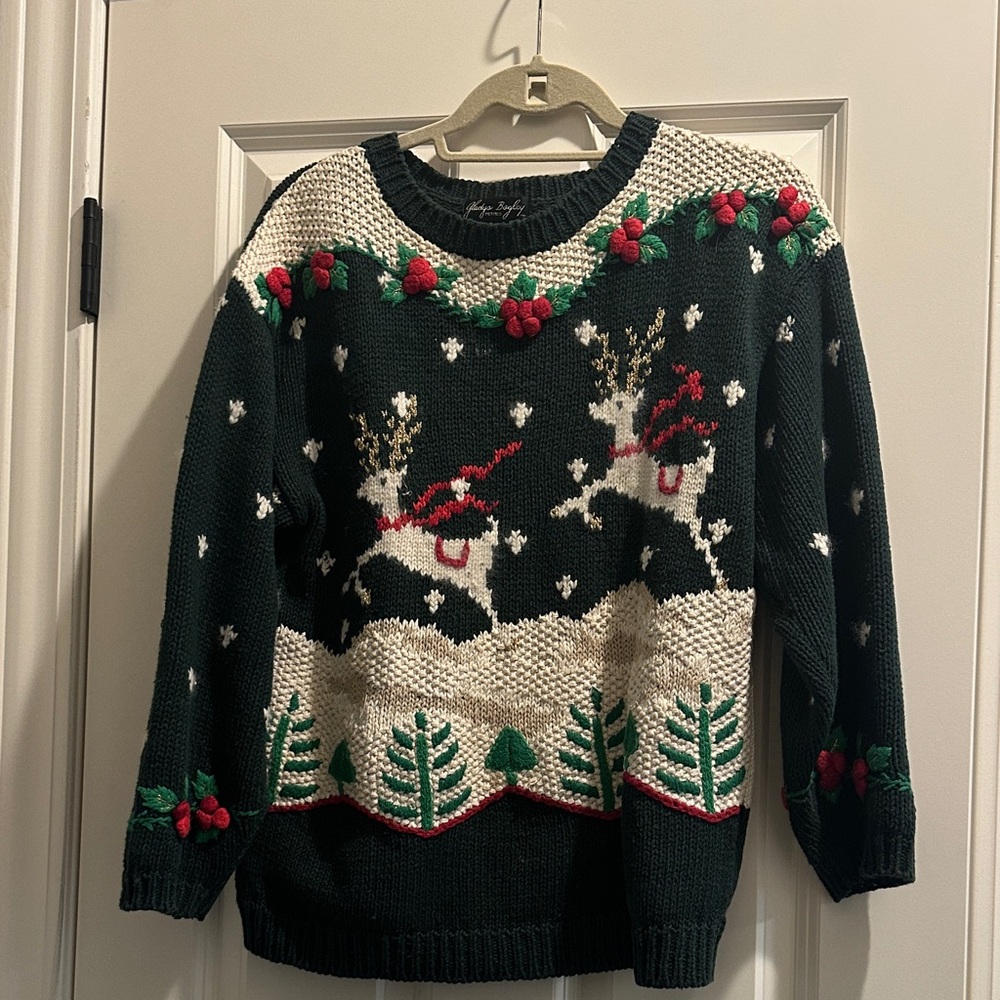 Holiday Reindeer Sweater - Green and White